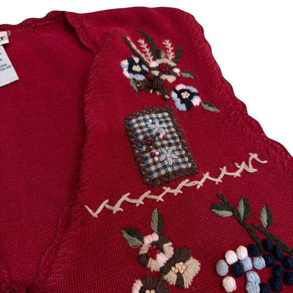 Vtg Koret City Blues Red Patchwork Embroidered Sweater Vest 1X Ramie Cotton - Picture 2 of 8